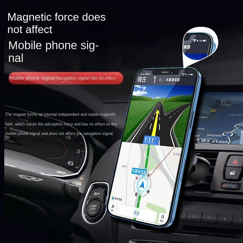 Black aluminium alloy magnetic suction car air vent mobile phone holder mounted on a central control vent.