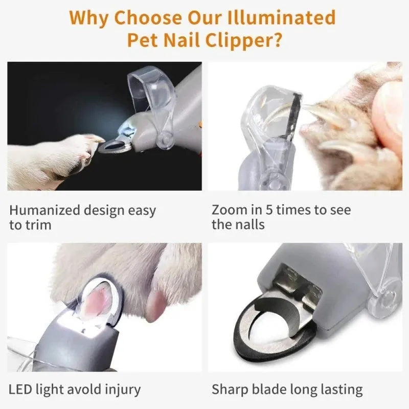 Yellow pet nail clipper with LED light and magnifying lens for dog and cat grooming