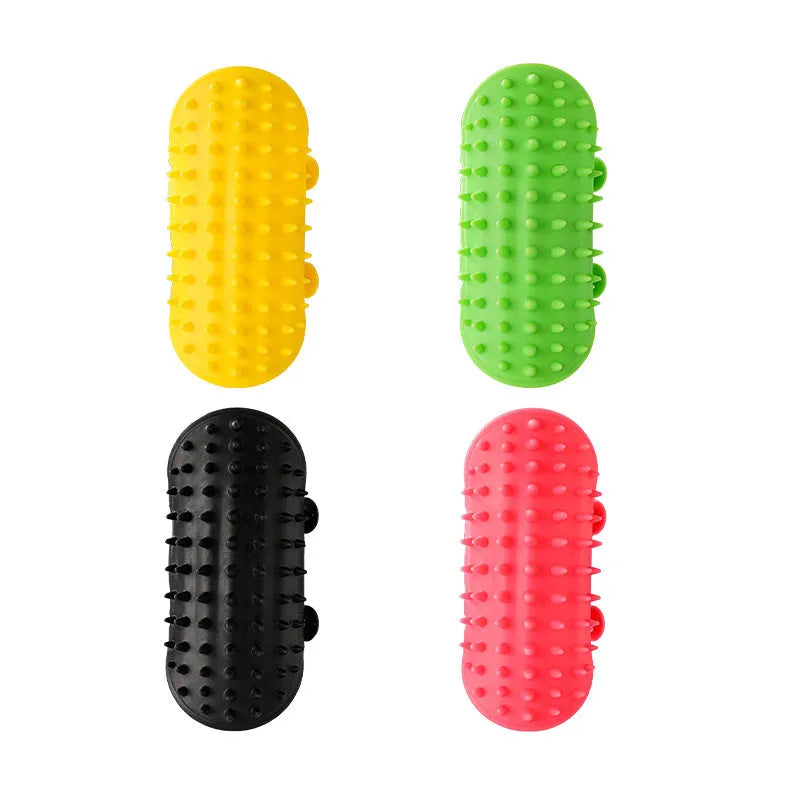 Silicone cat grooming comb and scratcher set with adjustable strap in black, green, pink, or yellow.