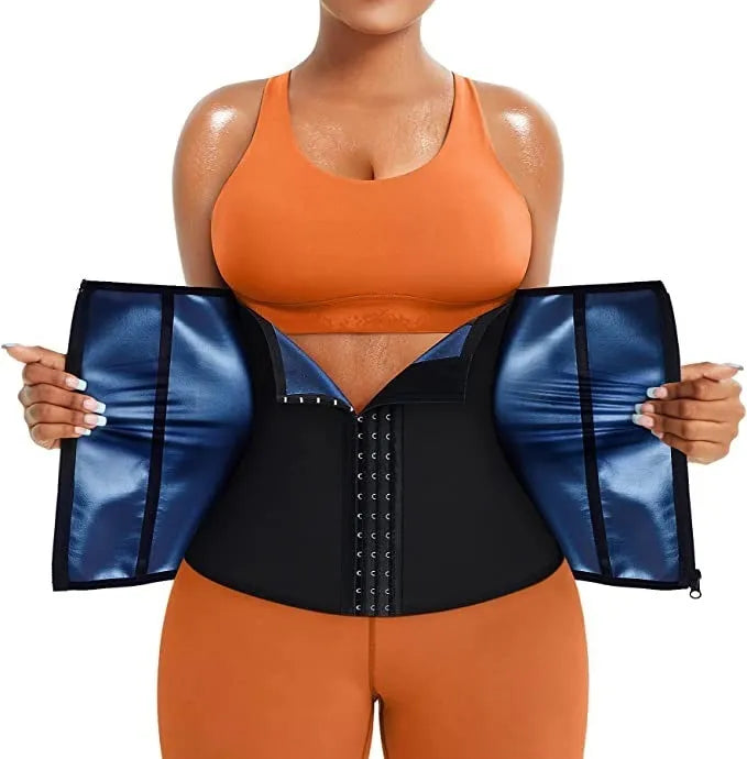 Neoprene adjustable abdominal girdle for waist shaping and sports support in blue or silver.