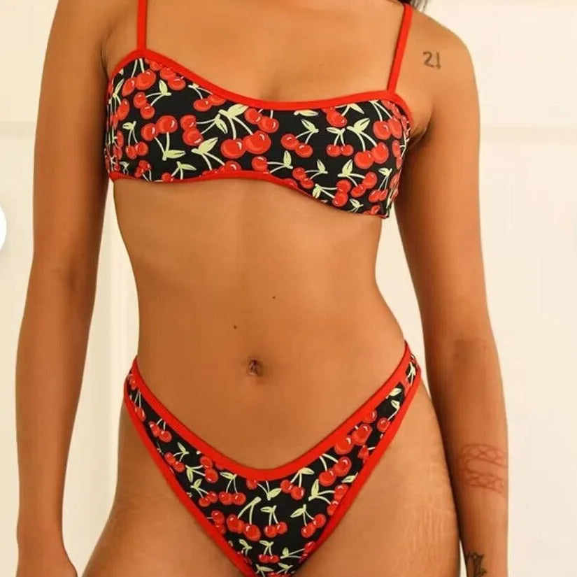 Women's cherry print floral bikini swimsuit set with tube top and briefs