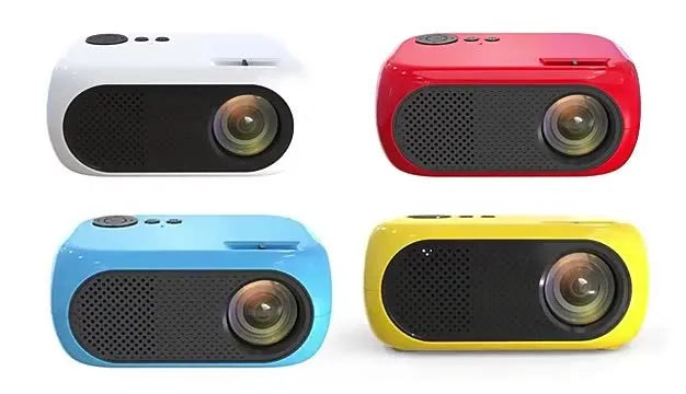 M24 micro mini projector in gold or white with power adapter and AV cable