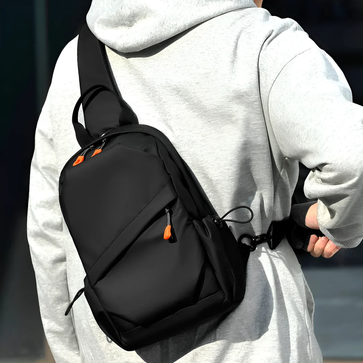 Black and grey waterproof polyester crossbody bag for men with single shoulder strap