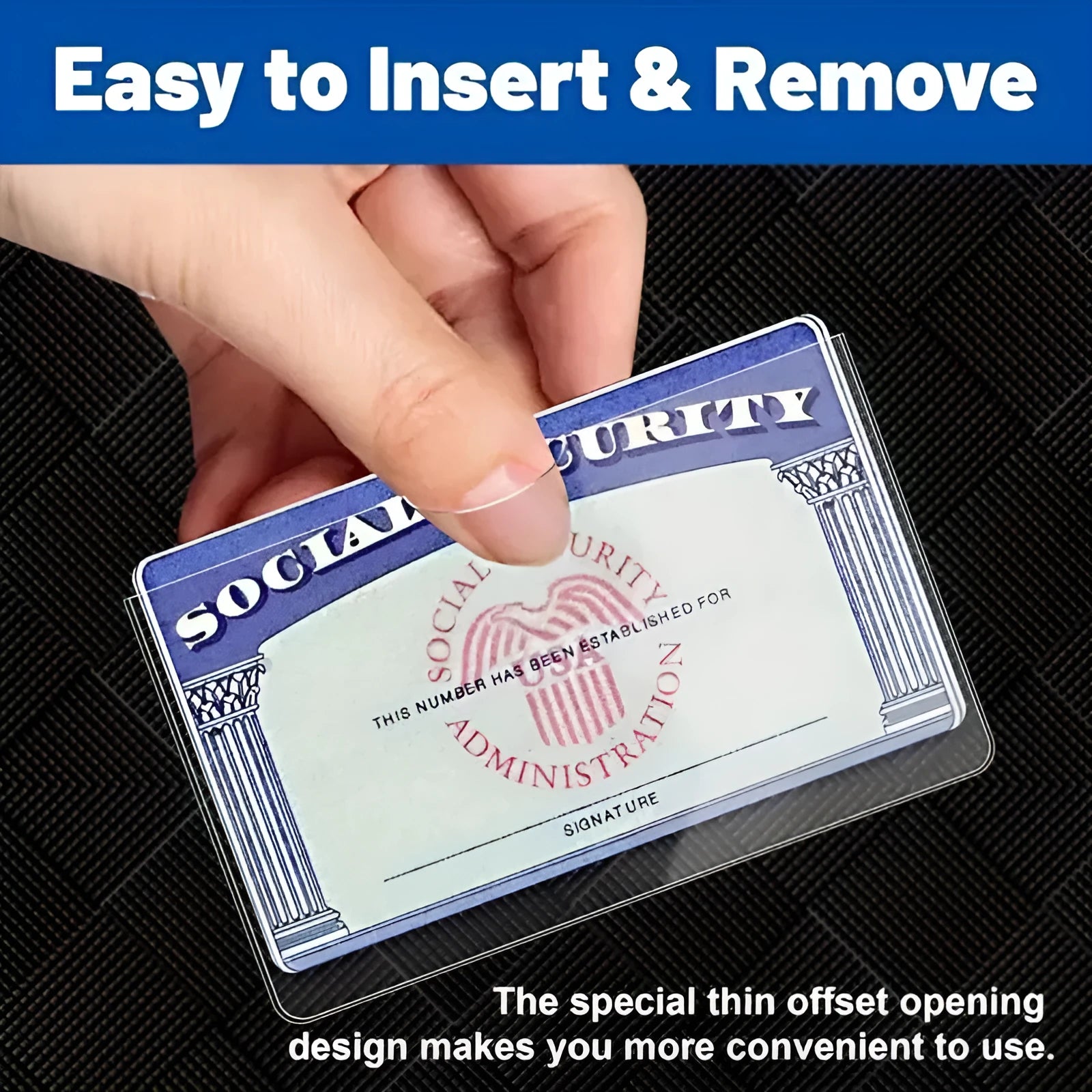Transparent waterproof PVC ID card holder for social security cards measuring 9.7 by 5.9 cm