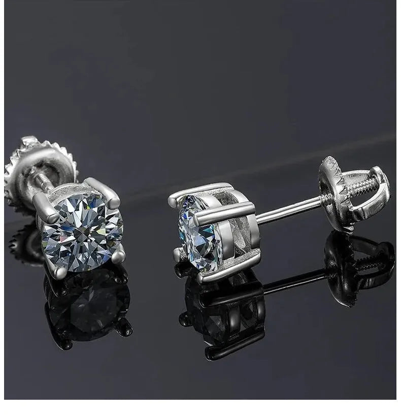 Silver geometric screw-back stud earrings with four-claw moissanite setting on black card