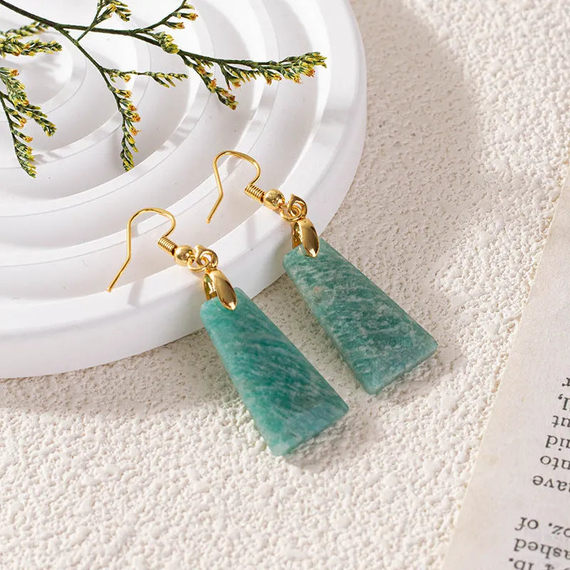 Amazonite rough stone trapezoid earrings with geometric octagon design in gold colour