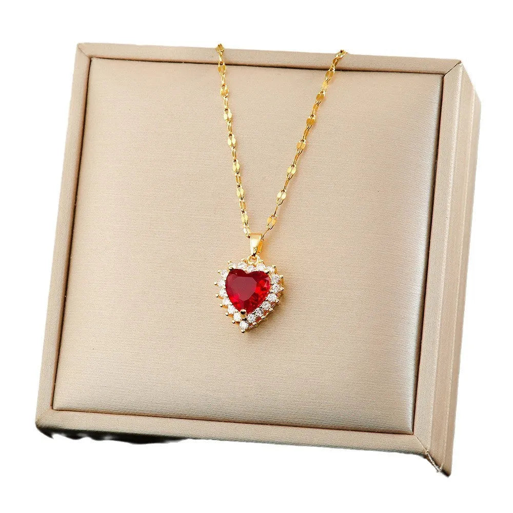 Gold red titanium steel necklace with hearts flower pendant and mixed gemstone inlay