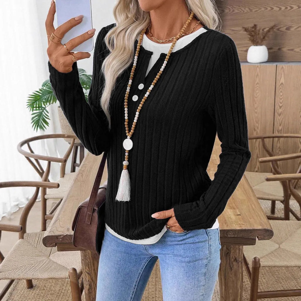 Women's fake two-piece round neck button pullover sweater in concave stripe polyester fabric