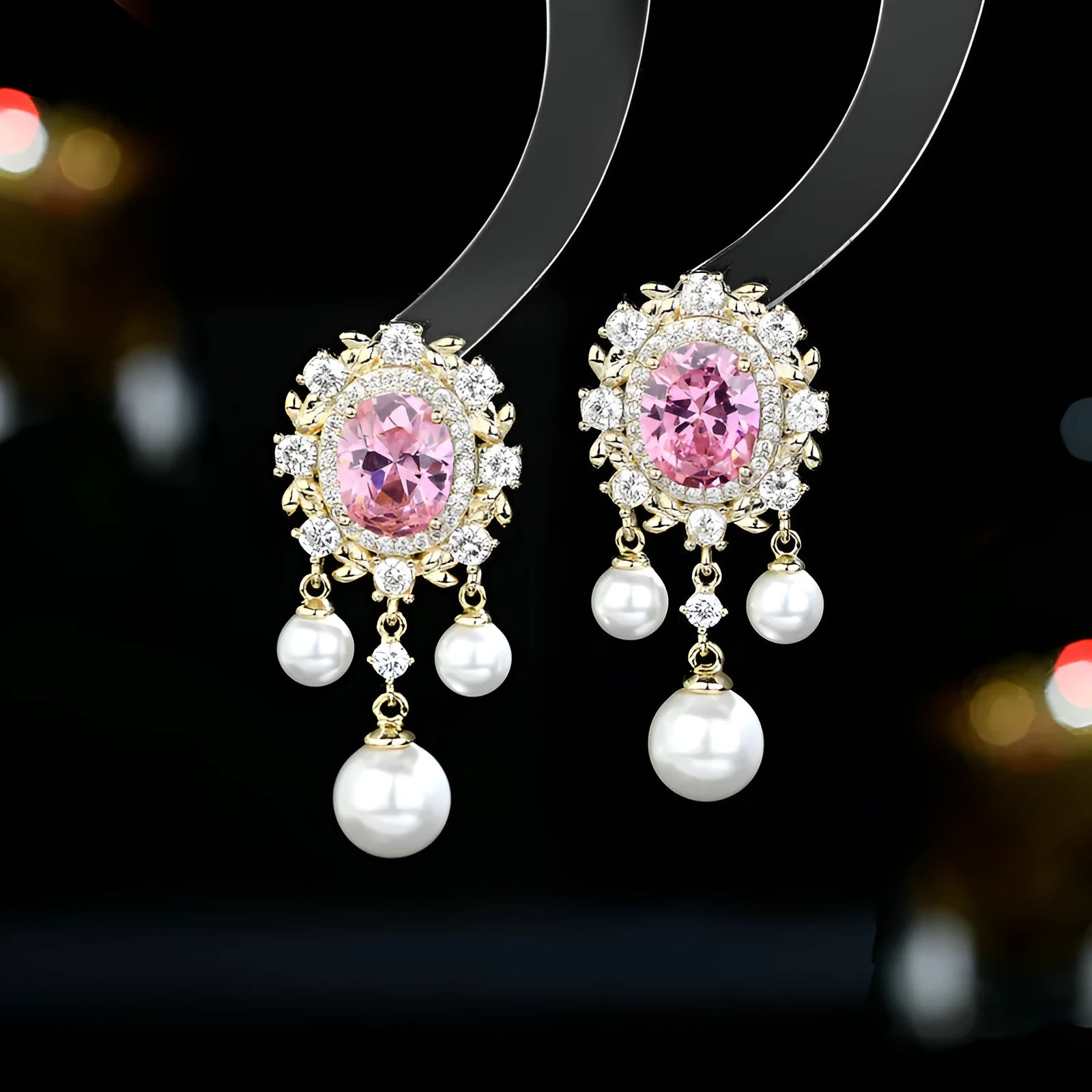 Oval geometric zircon inlaid pearl tassel earrings in copper with colour options