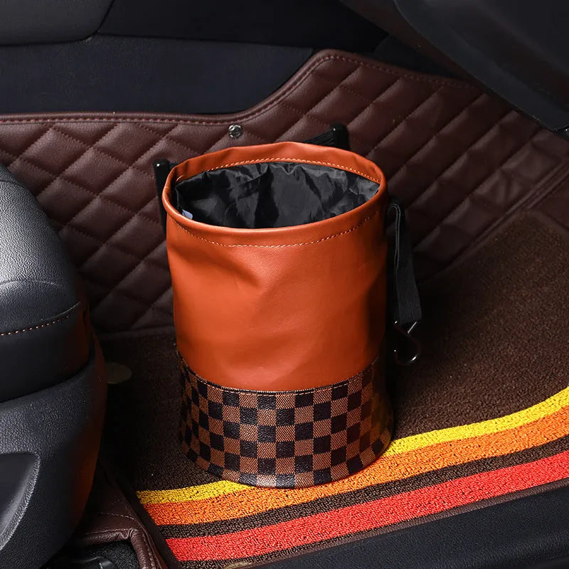 Black retractable leather car rubbish bin showing collapsed and expanded positions