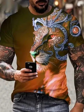 Men's grey T-shirt featuring a large, detailed 3D printed fierce lion graphic on the chest.