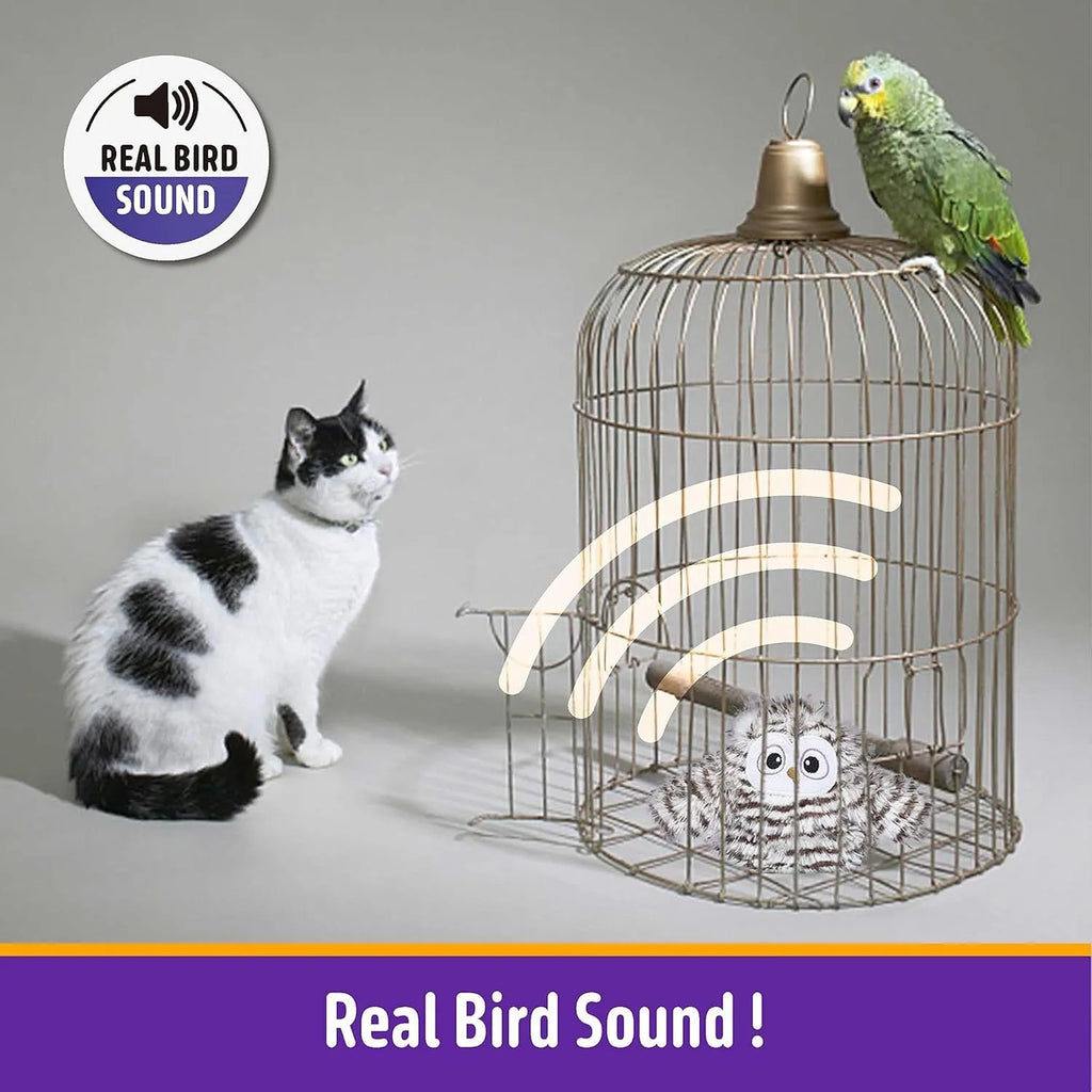 Grey automatic chirping owl cat toy with flapping wings