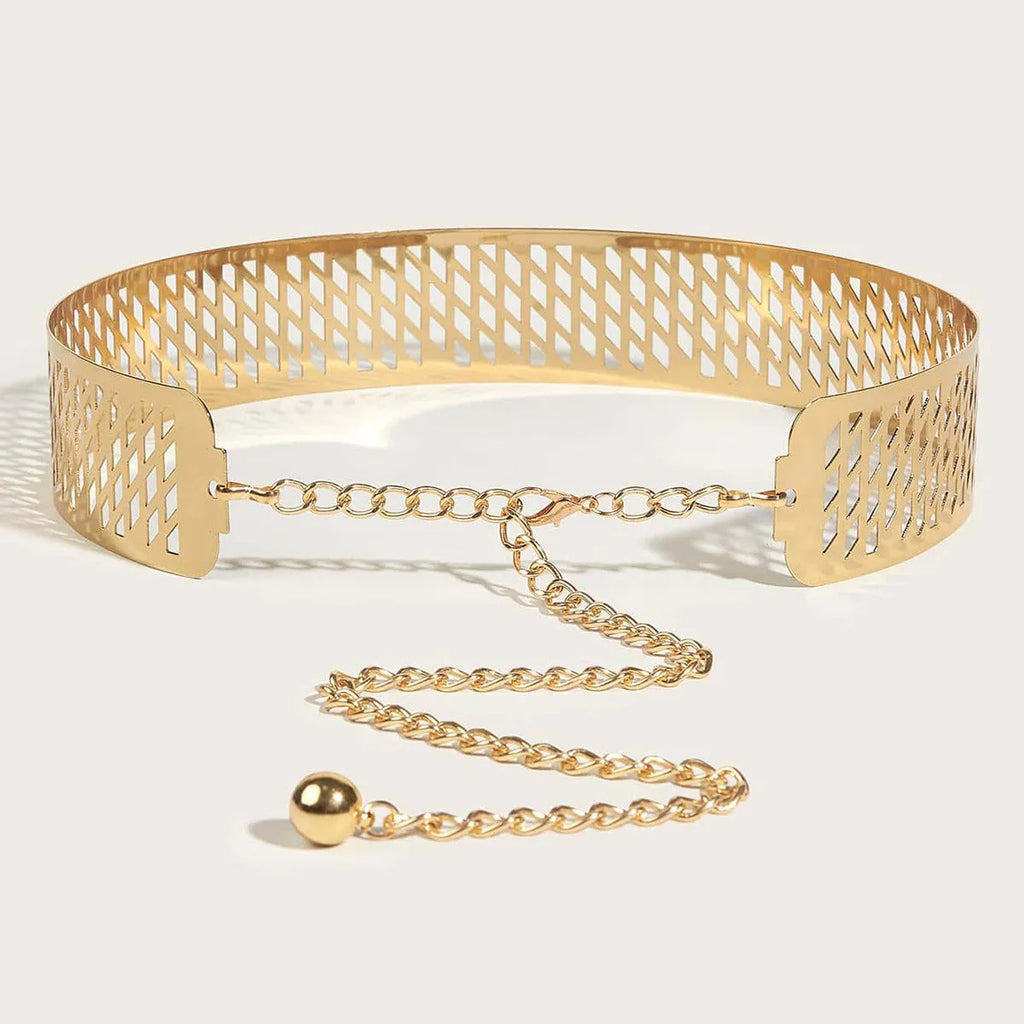 Gold iron waist belt with lantern head design and punching net flower pattern, 4.5cm wide