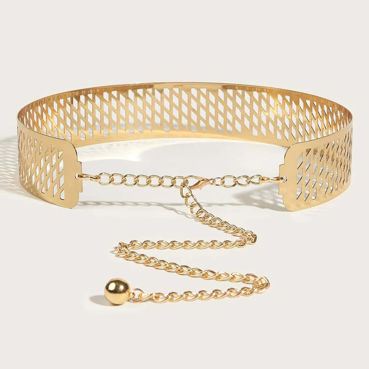 Gold iron waist belt with lantern head design and punching net flower pattern, 4.5cm wide