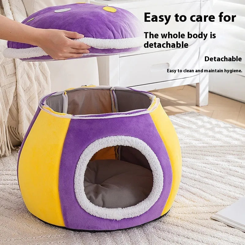 Mushroom-shaped cat nest in thick thermal plush rabbit fur with detachable design