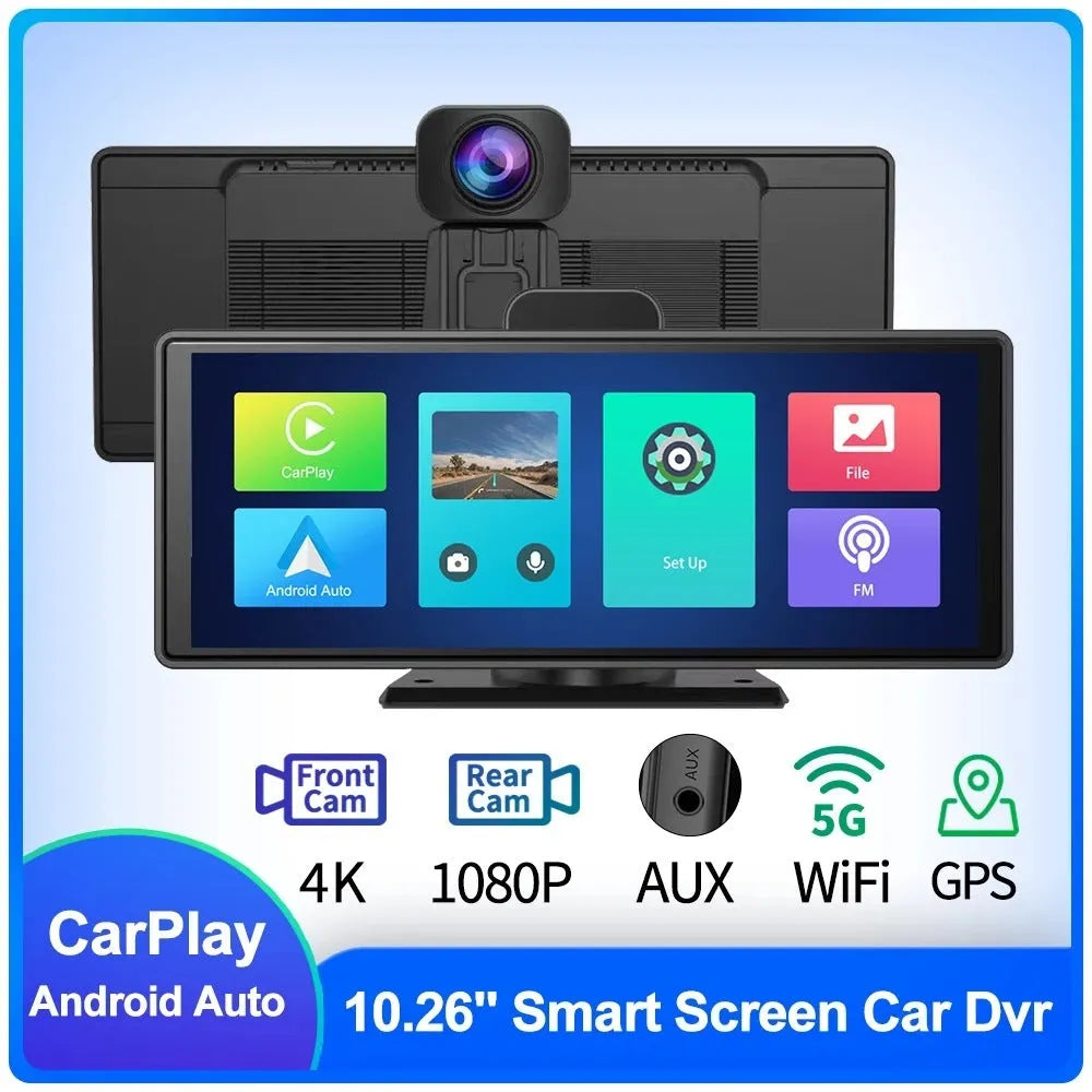 10.26-inch car dash camera with touch screen, front and rear recording cameras, and parking monitor display.