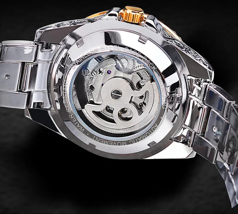 Forsining yellow skeleton tourbillon mechanical watch with stainless steel case