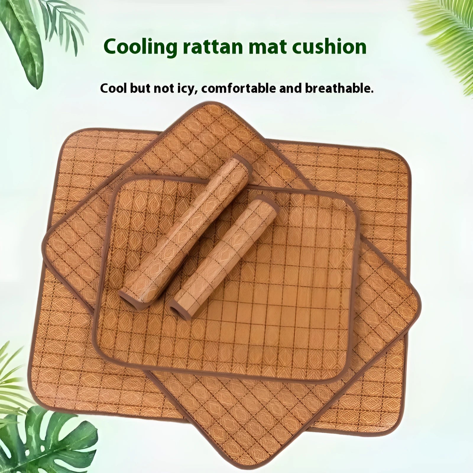 Brown woven rattan fibre dog cooling mat on a floor, shown in a large size.