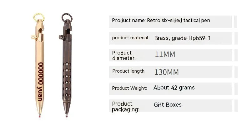Brass hexagonal bolt pen with six-angle barrel showing brass natural colour finish