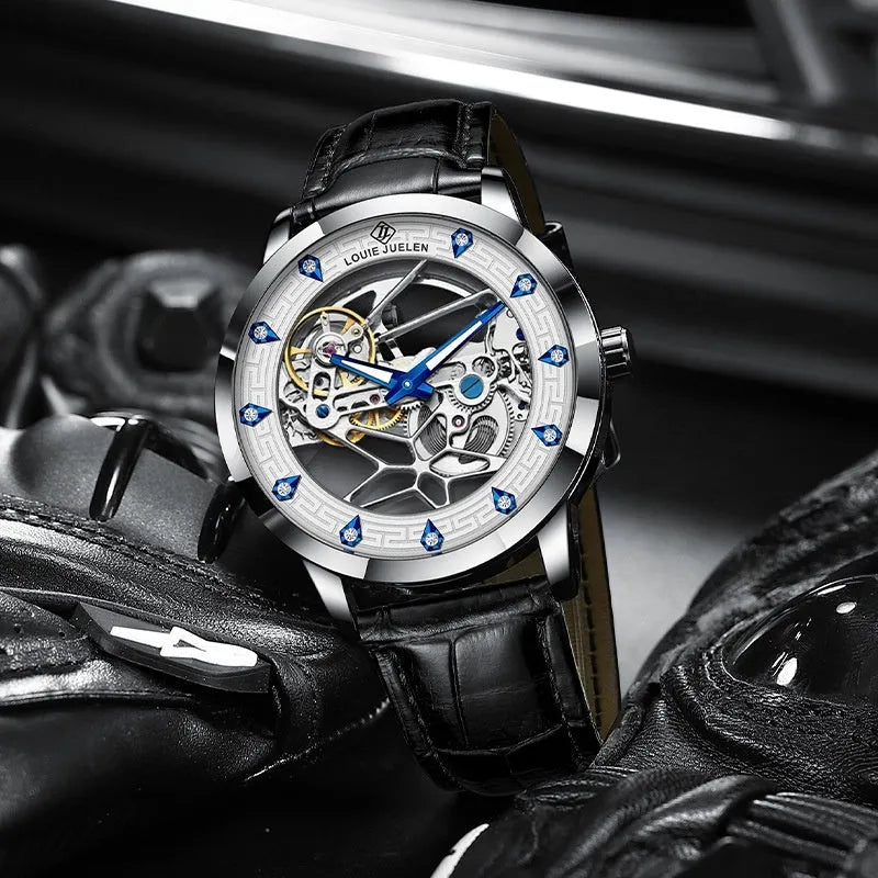 Men's silver case mechanical watch with white dial, blue luminous hands, and black genuine leather strap