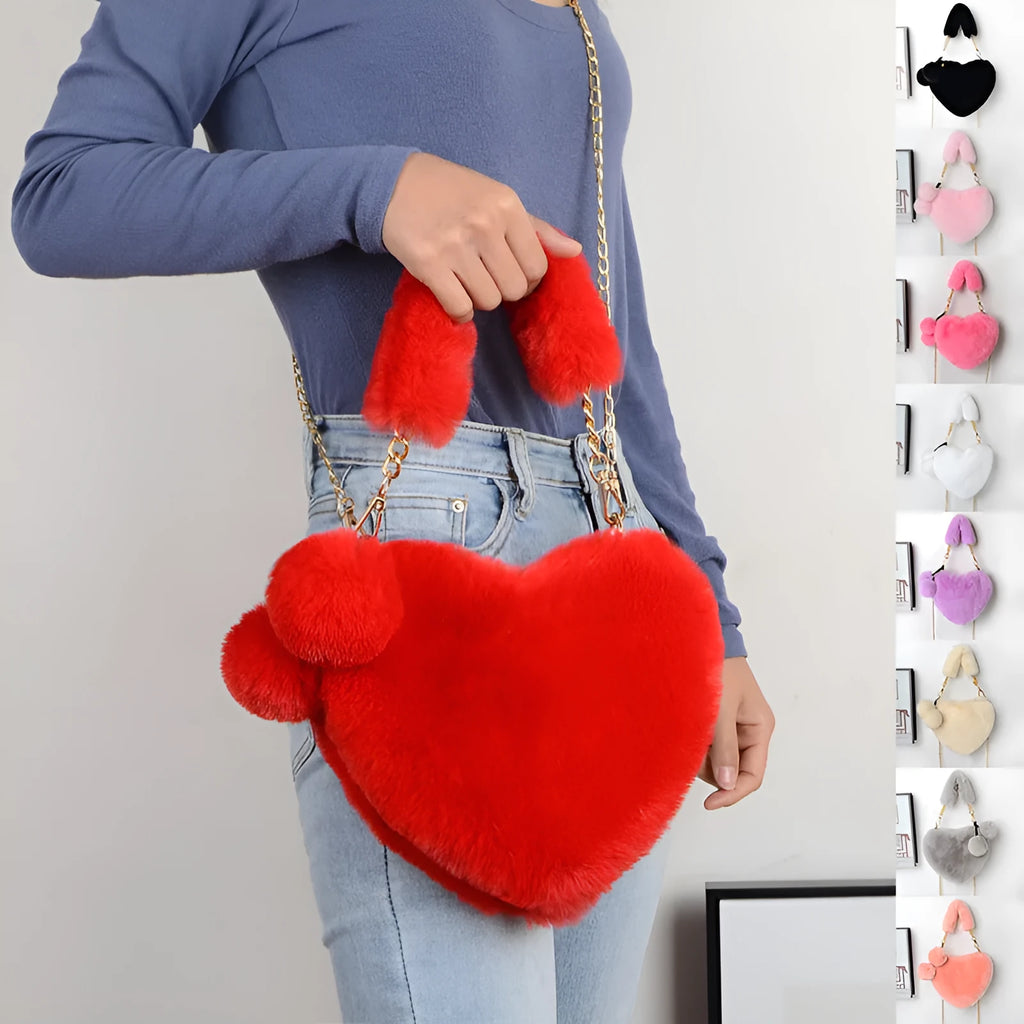Plush heart-shaped women's handbag with removable shoulder strap in multiple colour options