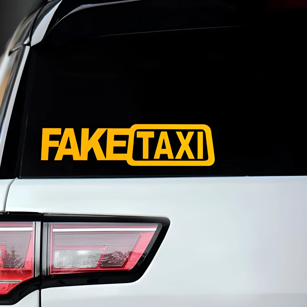 FAKE TAXI text car sticker in black, white, or yellow, measuring 20 cm by 8 cm.