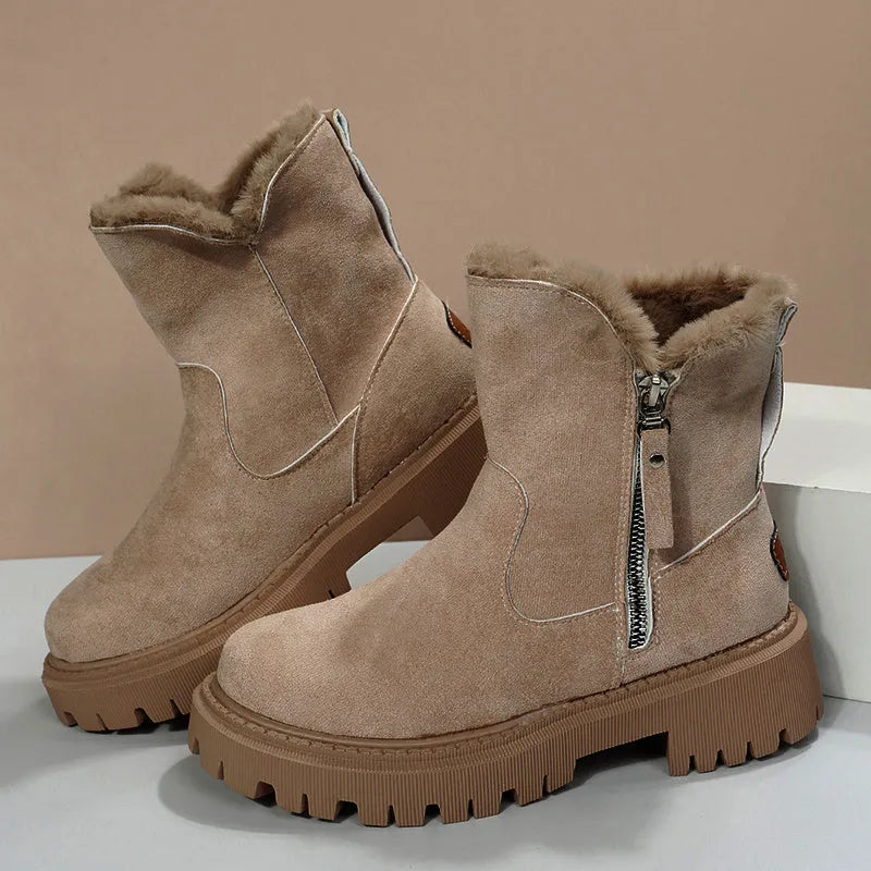 Women's black thick plush snow boots with side zipper, faux suede upper, and non-slip rubber sole.