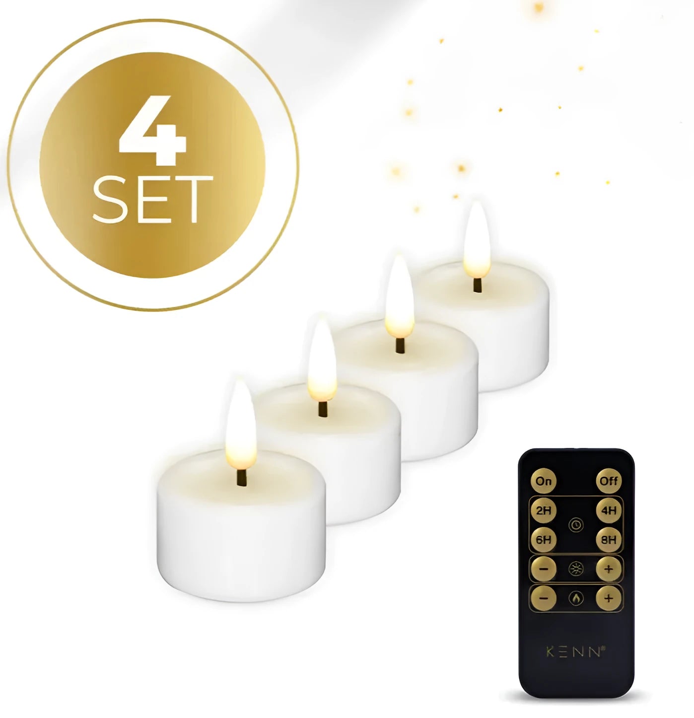 Four white LED tealight candles with flickering flame effect on a surface