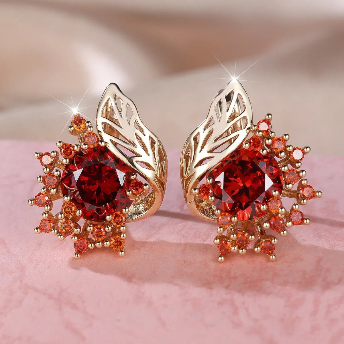 Round flower feather zircon earrings with champagne gold electroplated finish and six gemstone colour options