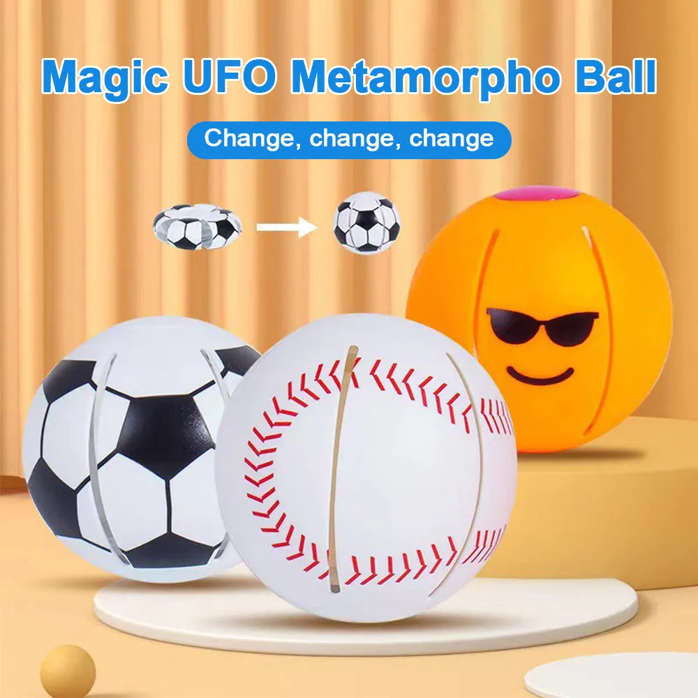 Glowing bouncy ball dog toy that transforms into flying disc for outdoor training