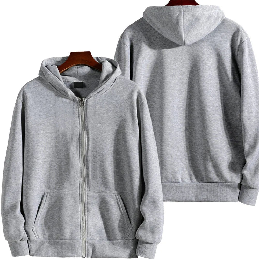 Men's loose fit zip-front sports jacket in a solid colour, shown on a hanger.