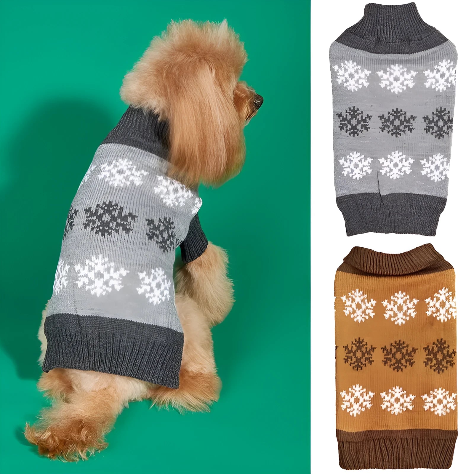 Grey and dark brown dog sweater with snowflake pattern for Christmas and winter wear