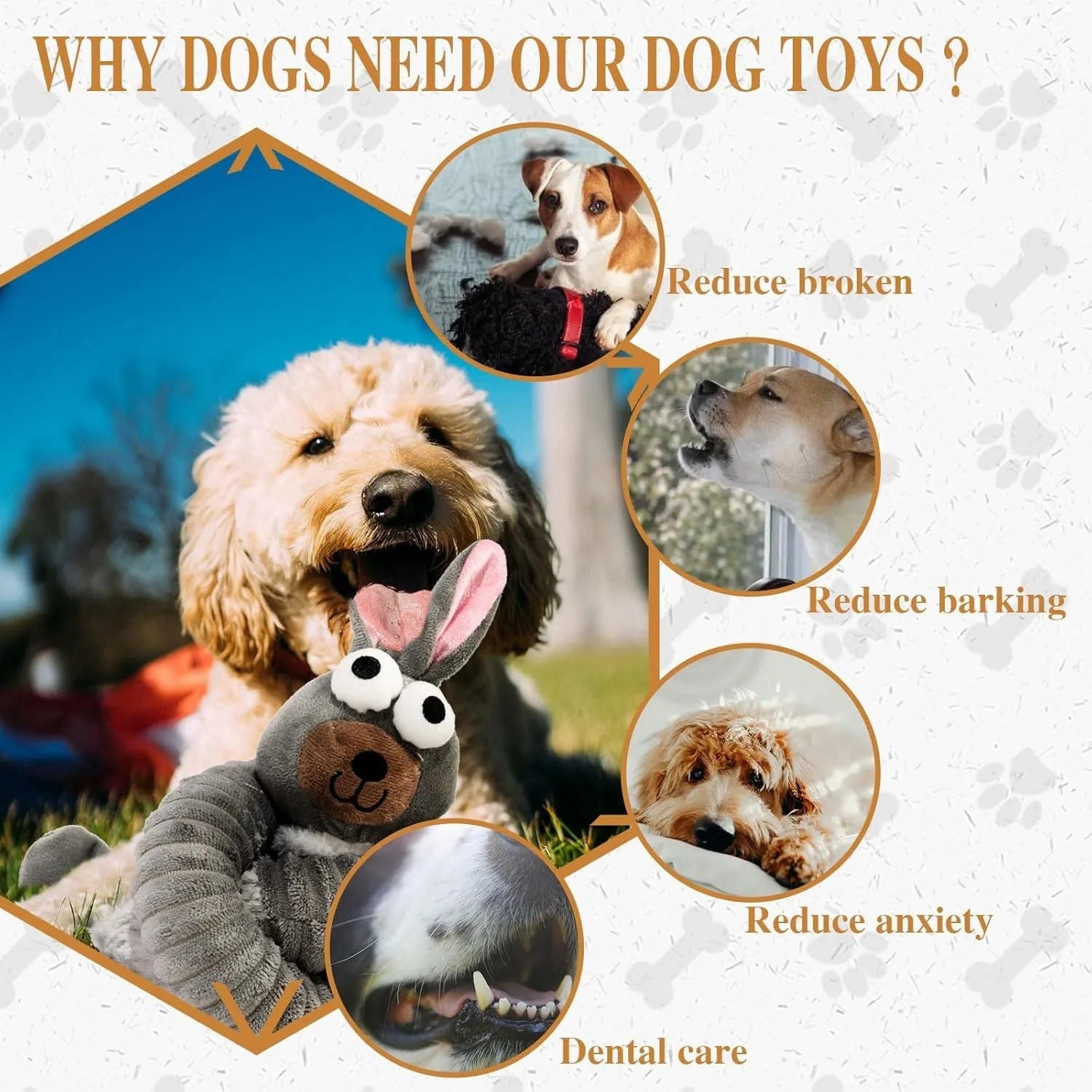 Brown, grey, and yellow plush stuffed dog toys with a foldable design.