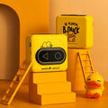 Portable Bluetooth thermal mini printer in avocado green, pink, yellow duck, or white, showing compact size next to a smartphone.