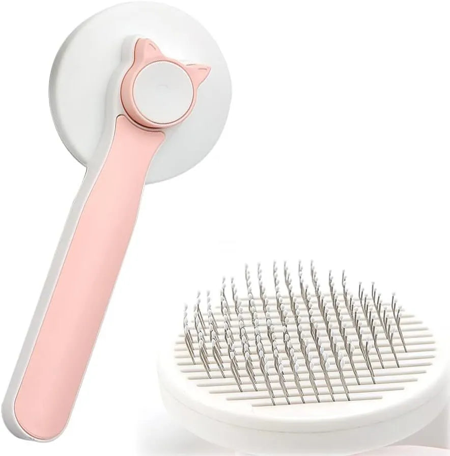 Blue self-cleaning cat grooming brush with rubber handle and round-tip needles.
