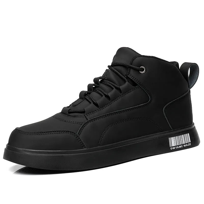 Men's white mid-top casual board shoes with round toe and rubber sole