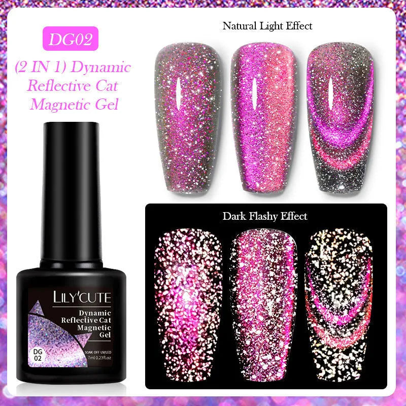 Cat eye series UV gel nail polish bottle with diamond glitter in one of six colour options.