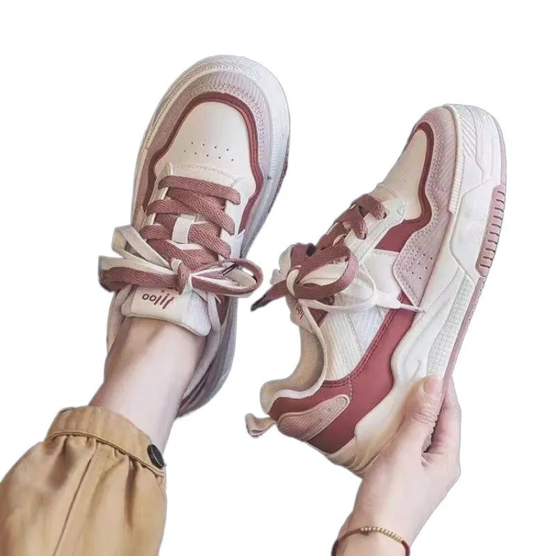 Women's pink low-top rubber sneakers with height-increasing soles and imitation leather lining
