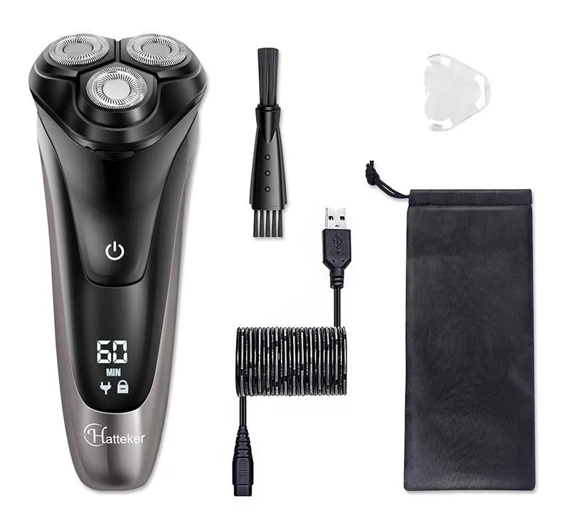 Men's electric shaver with three rotating heads and pop-up sideburn trimmer on black background