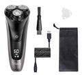 Men's electric shaver with three rotating heads and pop-up sideburn trimmer on black background