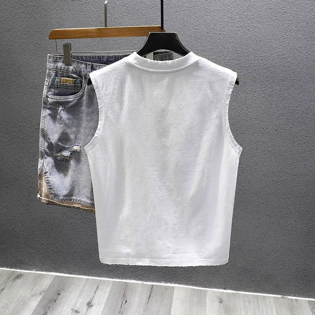 Men's solid colour loose fit cotton sleeveless t-shirt on a hanger