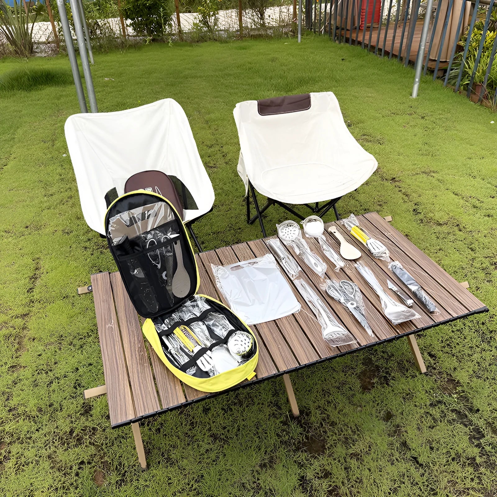 12-piece stainless steel picnic kitchenware set in storage bag