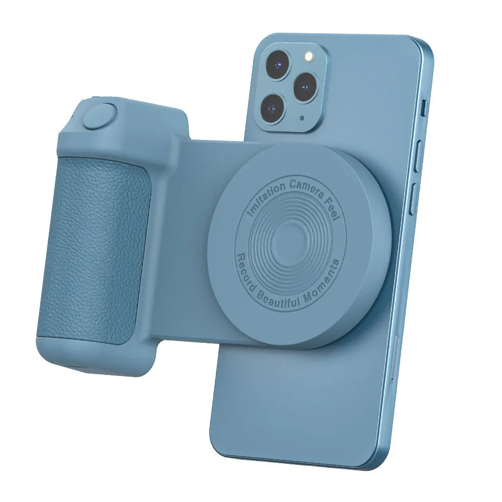 Black magnetic phone camera bracket with PU leather grip and adjustable tilt stand on a table