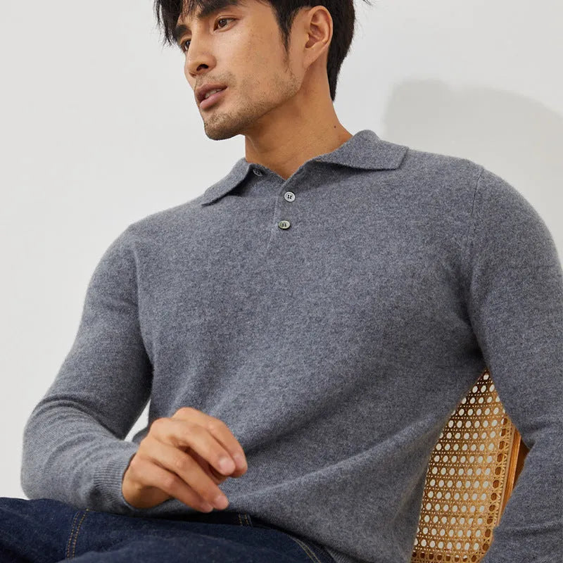 Men's cashmere pullover sweater with polo collar in loose fit, shown in sapphire blue colour