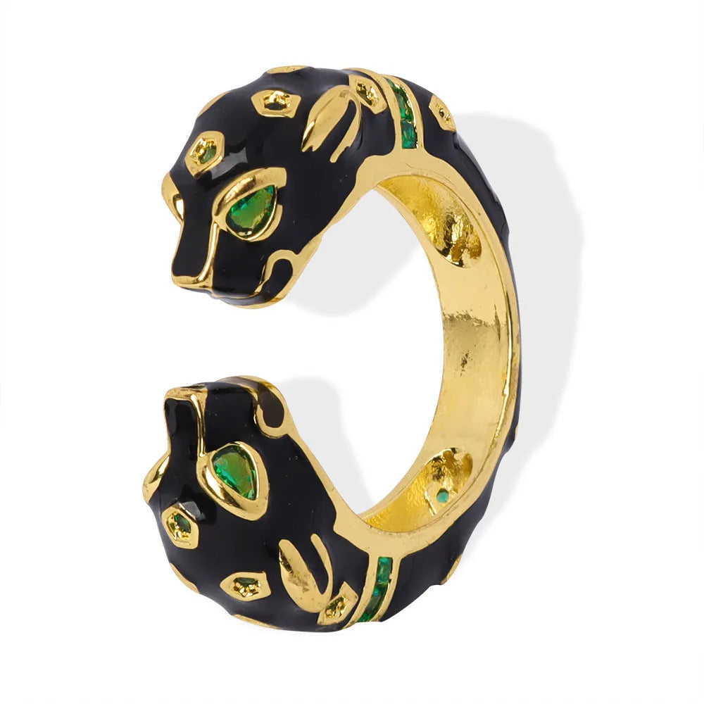 Women's black cheetah print copper ring with geometric open design in size 7