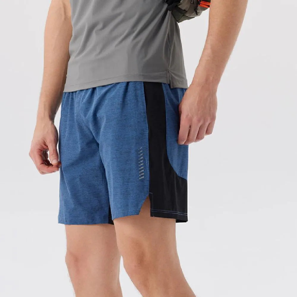 Men's casual five-point shorts in spandex fabric shown in black, cosmic blue, and forest green.