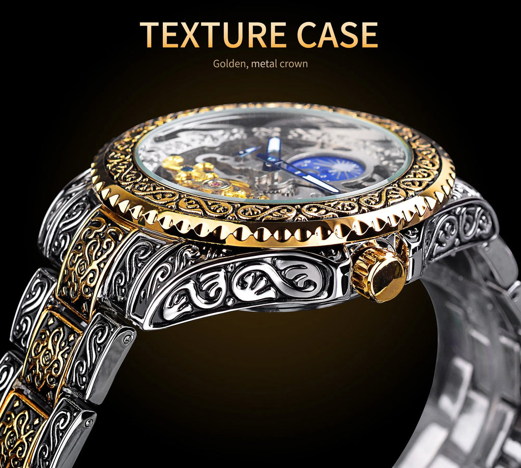 Forsining yellow skeleton tourbillon mechanical watch with stainless steel case