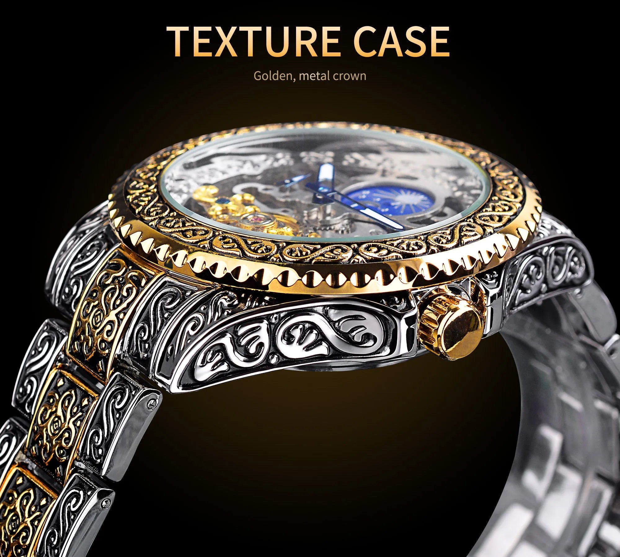 Forsining yellow skeleton tourbillon mechanical watch with stainless steel case