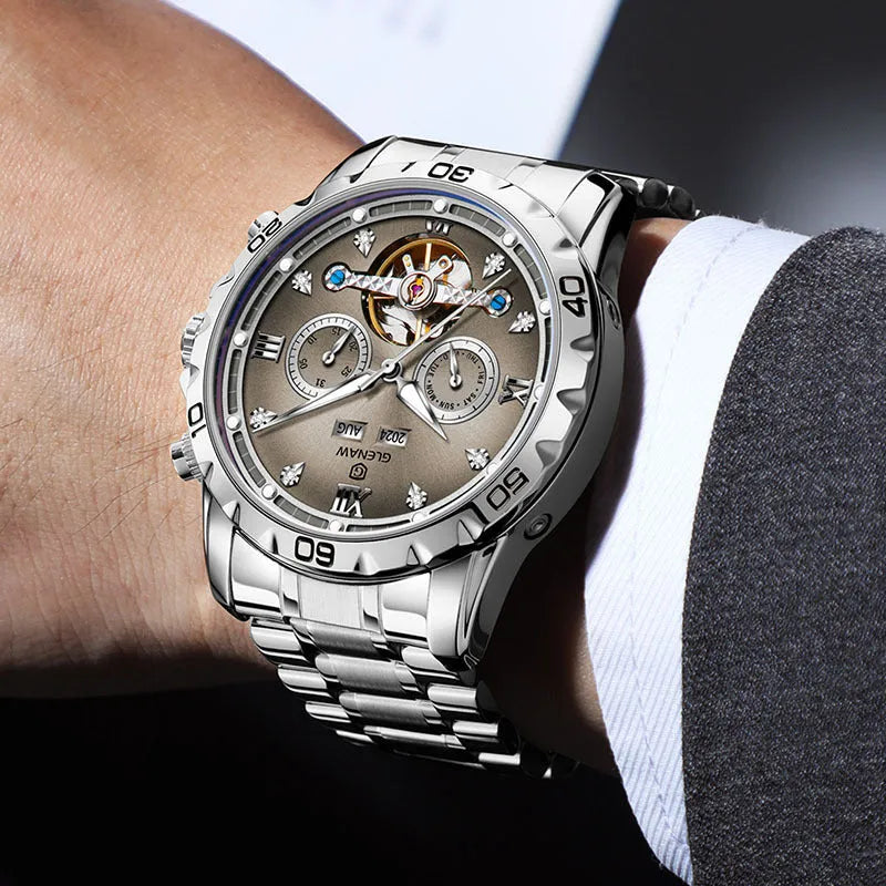 Men's automatic mechanical watch with stainless steel strap and mineral glass face in multiple colour options