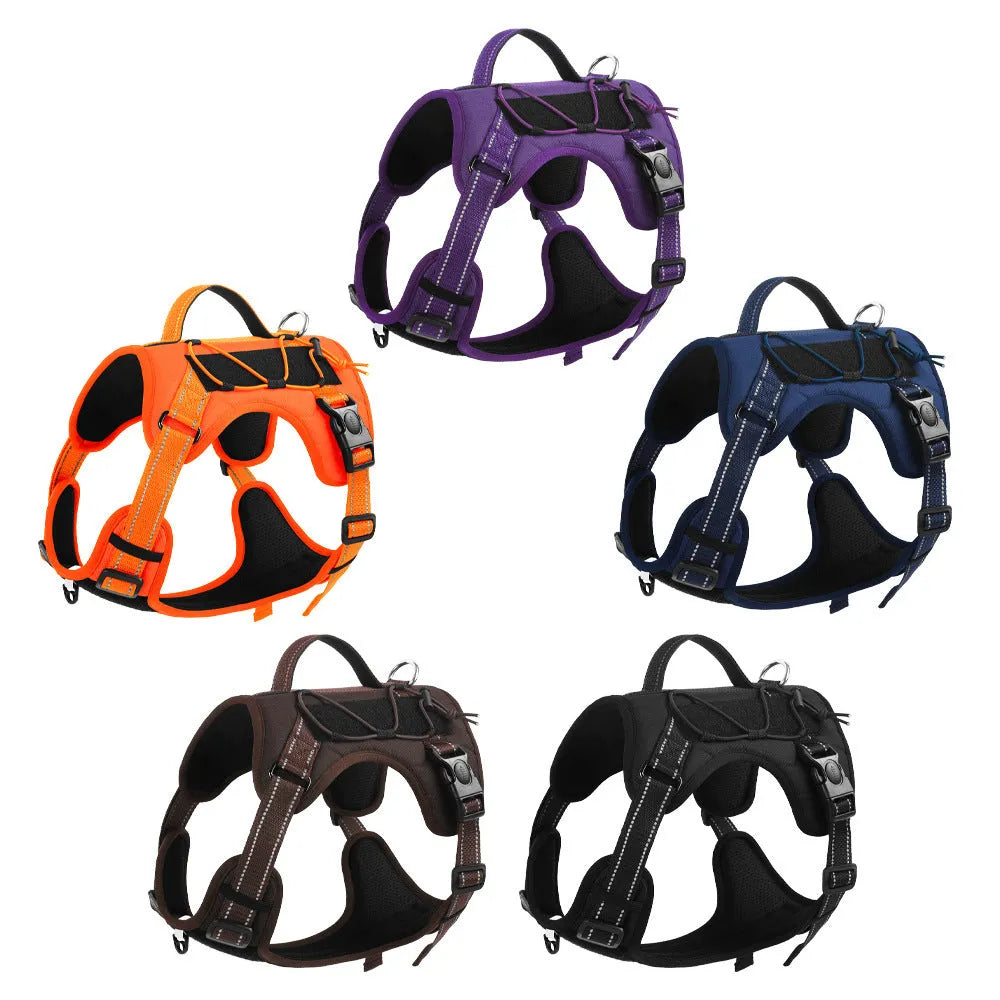 Orange reflective dog harness with an integrated black hand holding rope leash and explosion-proof breast strap.